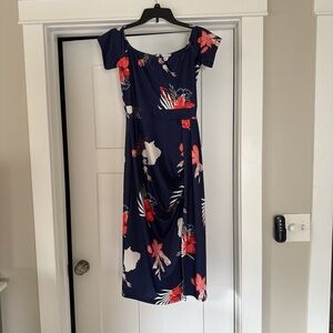 Blue and Pink Sweetheart Midi Sundress for Wedding Guest